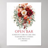 Romantische Herbst-Bordeaux-Blumen Open Bar Schild (Vorne)