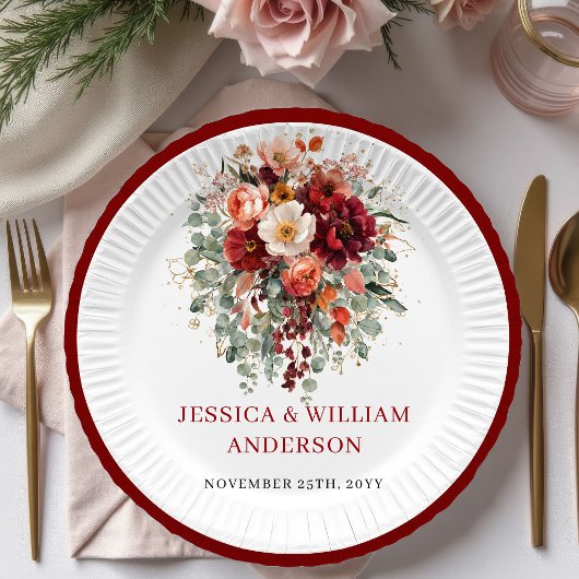 Romantische Herbst-Marsala-Blumen-Hochzeitspapiert Pappteller
