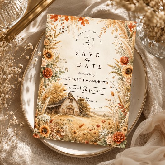 Romantische Herbst-Scheunen-Hochzeit Save The Date