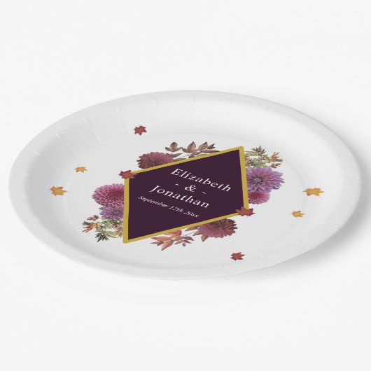 Romantische Herbstdahlia Hochzeit Pappteller (Schrägansicht)
