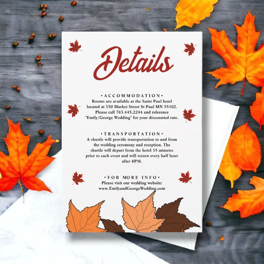 Romantische Herbstlaub Burgundy Chic Hochzeitsdeta Begleitkarte