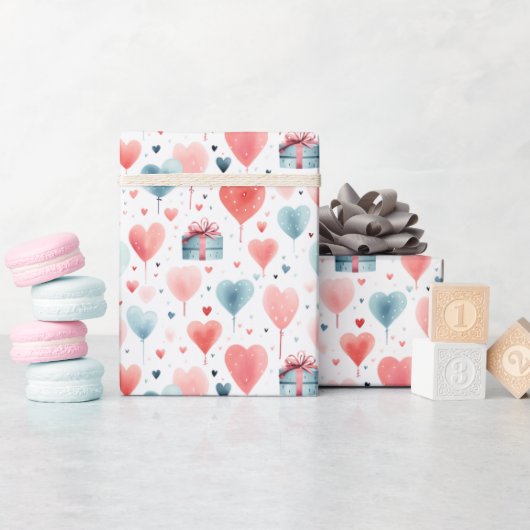 Romantische Herzblasen und Geschenke Wasserfarben Geschenkpapier (Babyparty)