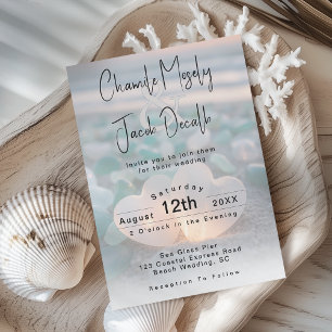 Romantische Herzen Aqua Blaues Meerglas Strandhoch Einladung