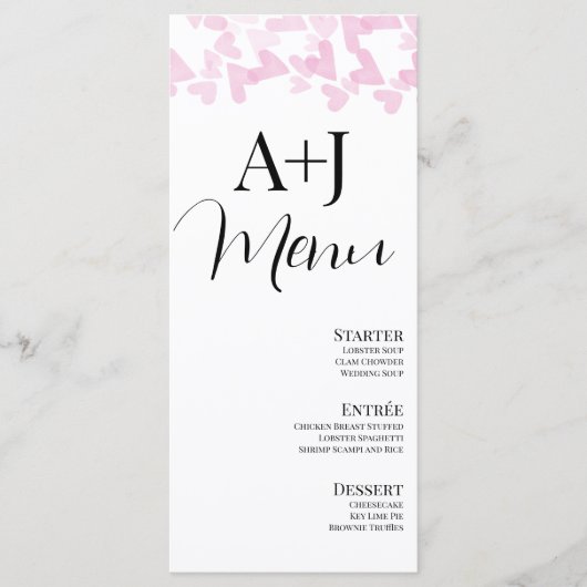Romantische Herzen Floating Script Rosa Menü Menükarte (Vorderseite)