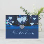 Romantische Herzen in Blauer Flora laden ein Einladung (Stehend Vorderseite)