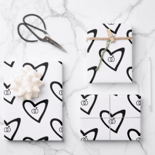 Romantische Herzen Ringe Schwarzes Muster Hochzeit Geschenkpapier Set