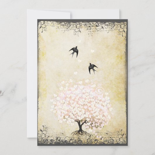 Romantische Herzenleder Rosa Tree Love Bird Weddin Einladung (Vorderseite)