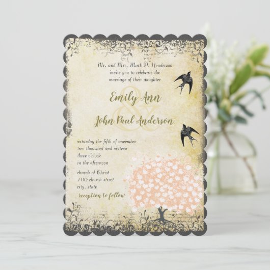 Romantische Herzenleder Rosa Tree Love Bird Weddin Einladung (Stehend Vorderseite)