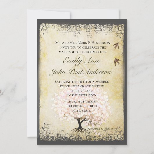 Romantische Herzlaken Rosa Tree Love Bird Wedding  Einladung (Vorderseite)