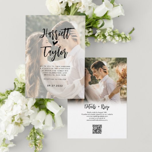 Romantische Herzschrift 2 Foto QR Code Hochzeit Einladung