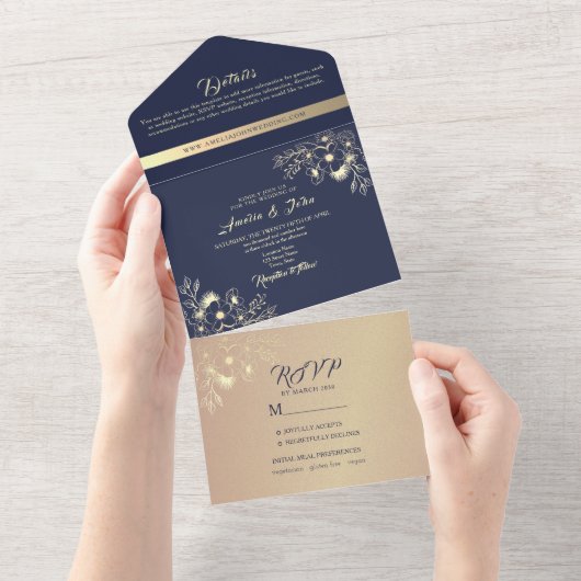 Romantische Hochzeit der Blumenflotte und der Gold All In One Einladung (Abreißen)