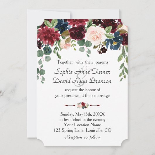 Romantische Hochzeit der Burgundy Navy Einladung (Vorderseite)