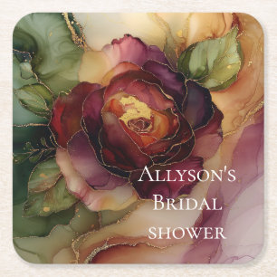 Romantische Hochzeit der Roten Burgund Rose Gold F Rechteckiger Pappuntersetzer