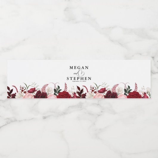 Romantische Hochzeit der Wasserfarbe Burgund Wasserflaschenetikett (Einzelnes Label)