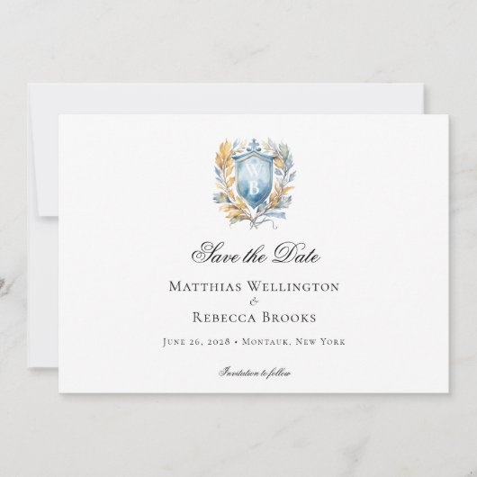 Romantische Hochzeit des Blue Wappen Monogram Save The Date (Vorderseite)