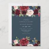 Romantische Hochzeit des Burgund Navy Blush Floral Einladung (Vorderseite)