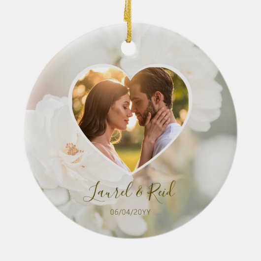 Romantische Hochzeit des Weißrosenherzes Foto Keramik Ornament (Hinten)