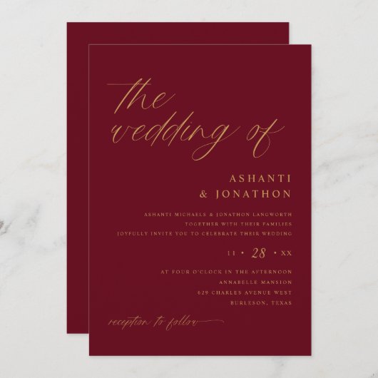 Romantische Hochzeit in Burgund und Gold Einladung (Vorne/Hinten)