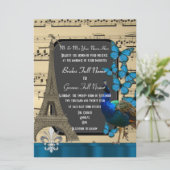 Romantische Hochzeit in Paris, Pfau und Schmetterl Einladung (Stehend Vorderseite)