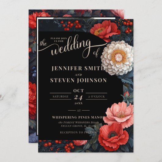 Romantische Hochzeit in Rot und Schwarz Einladung (Vorne/Hinten)