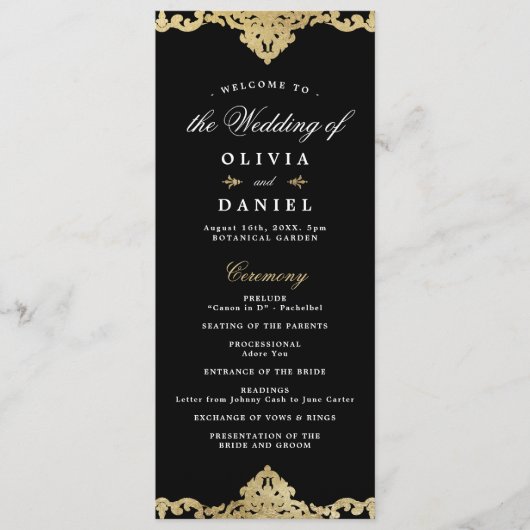 Romantische Hochzeit in Schwarz und Gold Programm (Vorderseite)