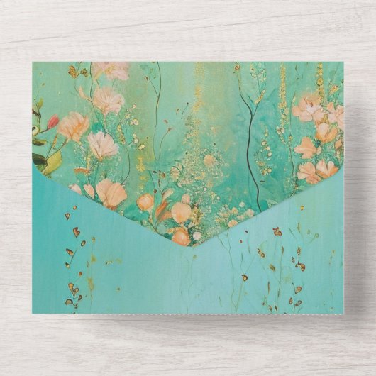 Romantische Hochzeit mit Aquamarinem Grün Rosa All In One Einladung (Rückseite)