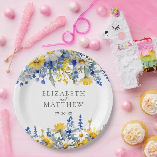 Romantische Hochzeit mit blauen Gelbtönen Wildblum Pappteller (Party)