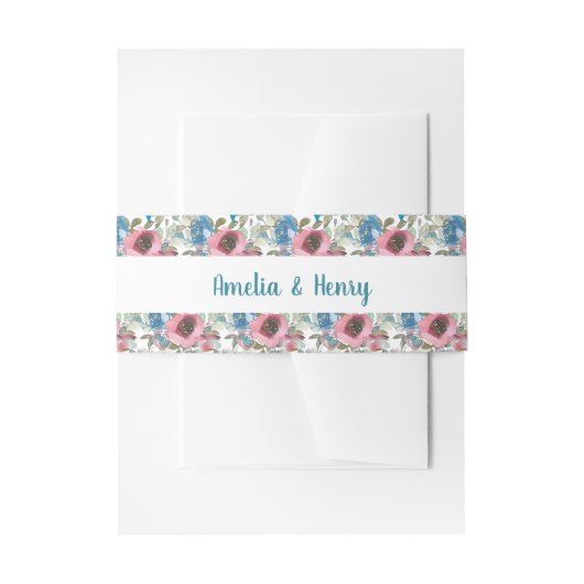 Romantische Hochzeit mit blauen und rosa Wasserfar Einladungsbanderole (Vorderseite Beispiel)