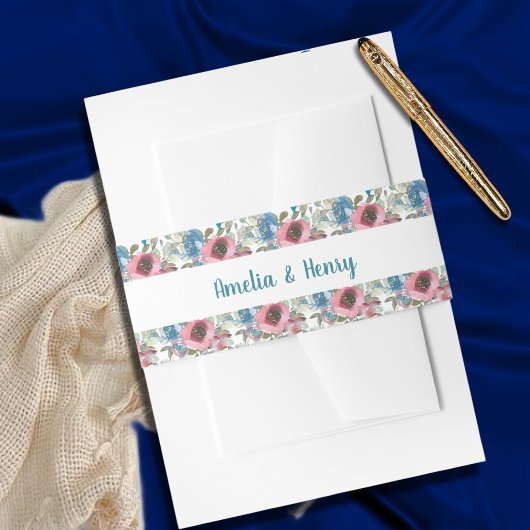 Romantische Hochzeit mit blauen und rosa Wasserfar Einladungsbanderole