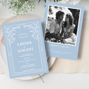 Romantische Hochzeit mit blauen und weißen Fotos Einladung