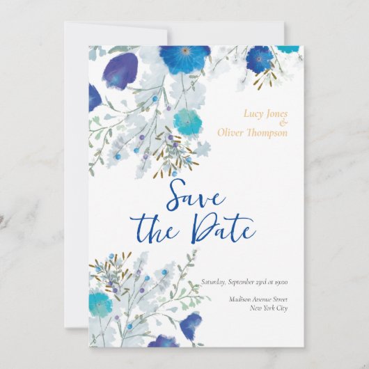 Romantische Hochzeit mit blauer Flora Save The Date (Vorderseite)