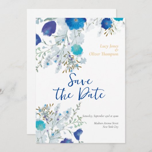 Romantische Hochzeit mit blauer Flora Save The Date (Vorne/Hinten)