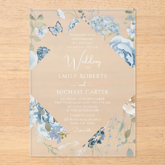 Romantische Hochzeit mit blauer Wasserfarbe Acryleinladungen (Vorderseite)