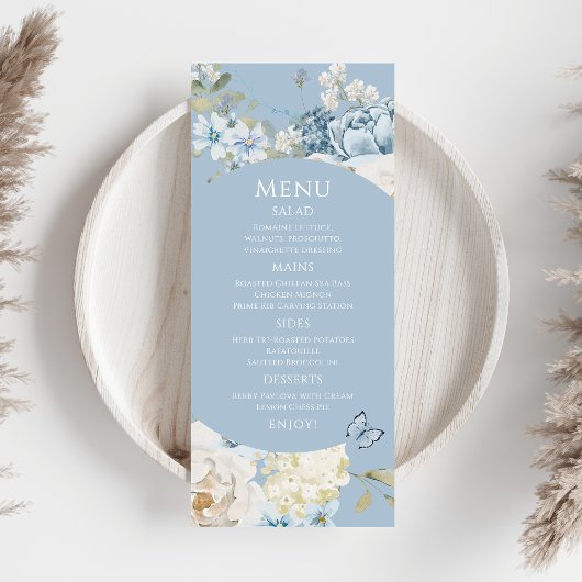 Romantische Hochzeit mit blauer Wasserfarbe Menükarte