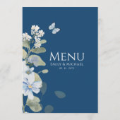 Romantische Hochzeit mit blauer Wasserfarbe Menükarte (Rückseite)