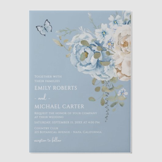 Romantische Hochzeit mit blauer Wasserfarbe Pergament Einladungen (Vorderseite)