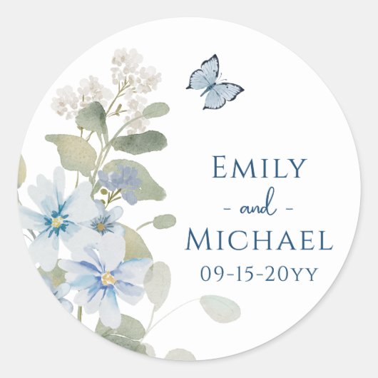 Romantische Hochzeit mit blauer Wasserfarbe Runder Aufkleber (Vorderseite)