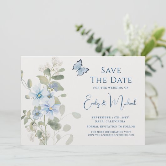 Romantische Hochzeit mit blauer Wasserfarbe Save The Date (Stehend Vorderseite)