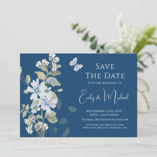 Romantische Hochzeit mit blauer Wasserfarbe Save The Date (Stehend Vorderseite)