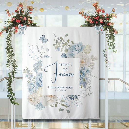 Romantische Hochzeit mit blauer Wasserfarbe Wandteppich