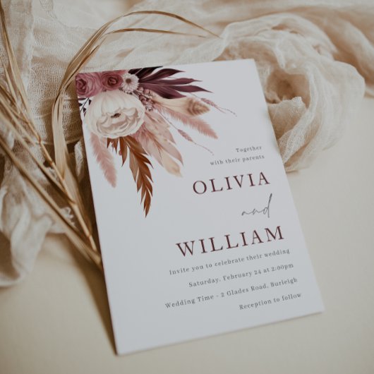 Romantische Hochzeit mit Burgund und Blush Boho Einladung