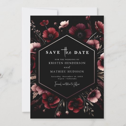 Romantische Hochzeit mit floralem Burgund Save The Date (Vorderseite)
