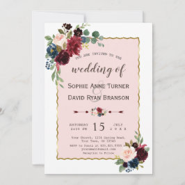 Romantische Hochzeit mit Gold Burgundy Navy Einladung