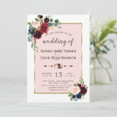 Romantische Hochzeit mit Gold Burgundy Navy Einladung (Stehend Vorderseite)