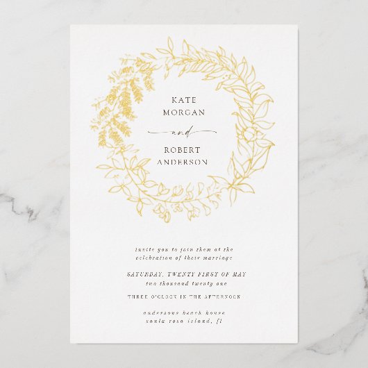 romantische Hochzeit mit goldenem Blumenkranz Folieneinladung (Vorderseite)