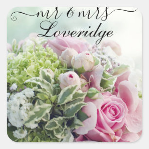 Romantische Hochzeit mit Mr. & Mrs. Pink Rose Flor Quadratischer Aufkleber