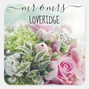 Romantische Hochzeit mit Mr. & Mrs. Pink Rose Flor Quadratischer Aufkleber
