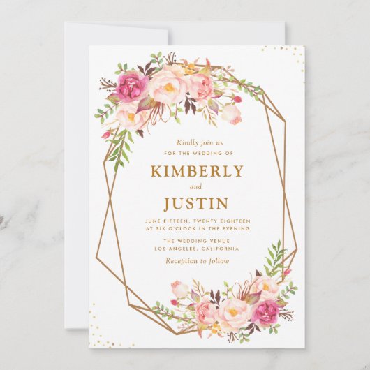 Romantische Hochzeit mit rosa Blumen Einladung (Vorderseite)