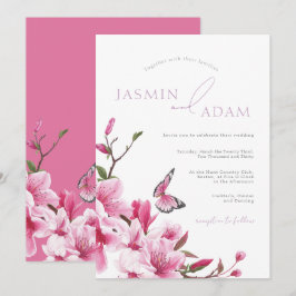 Romantische Hochzeit mit rosa Blüten und Schmetter Einladung