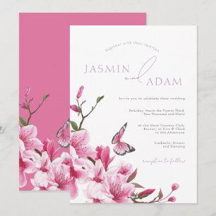 Romantische Hochzeit mit rosa Blüten und Schmetter Einladung